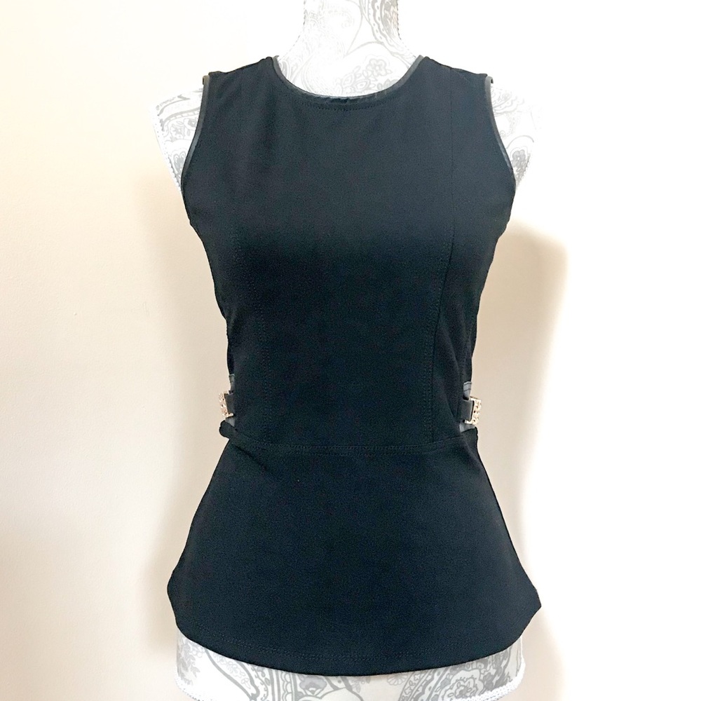 Cache Black Peplum Tank Top Vegan Leather Trim